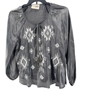 Savanna Jane Gray Metallic Embroidered Tassel Tie‎ Neck Boho Blouse Medium